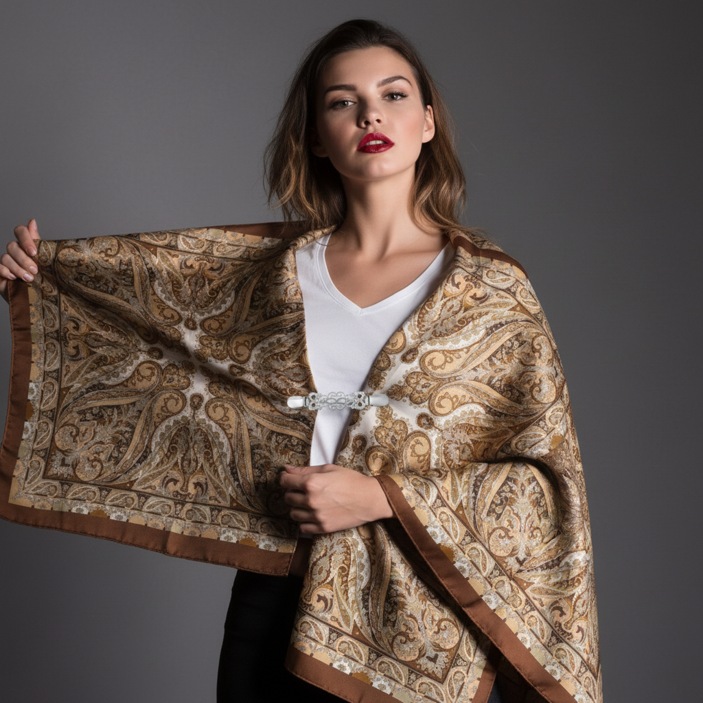 Silver sweater clip holding fall paisley gold brown wild rag scarf as shawl wrap, luxury editorial