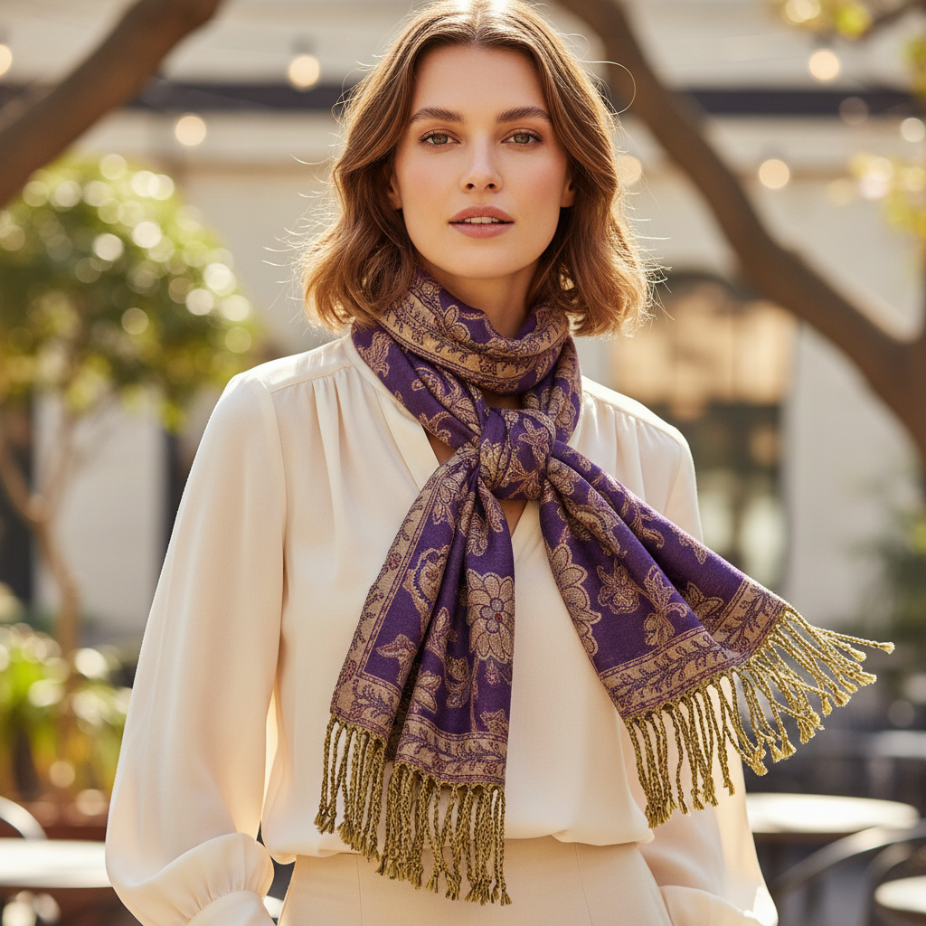 Woman wearing purple gold paisley jacquard scarf tied as boho neck scarf over cream blouse outdoors