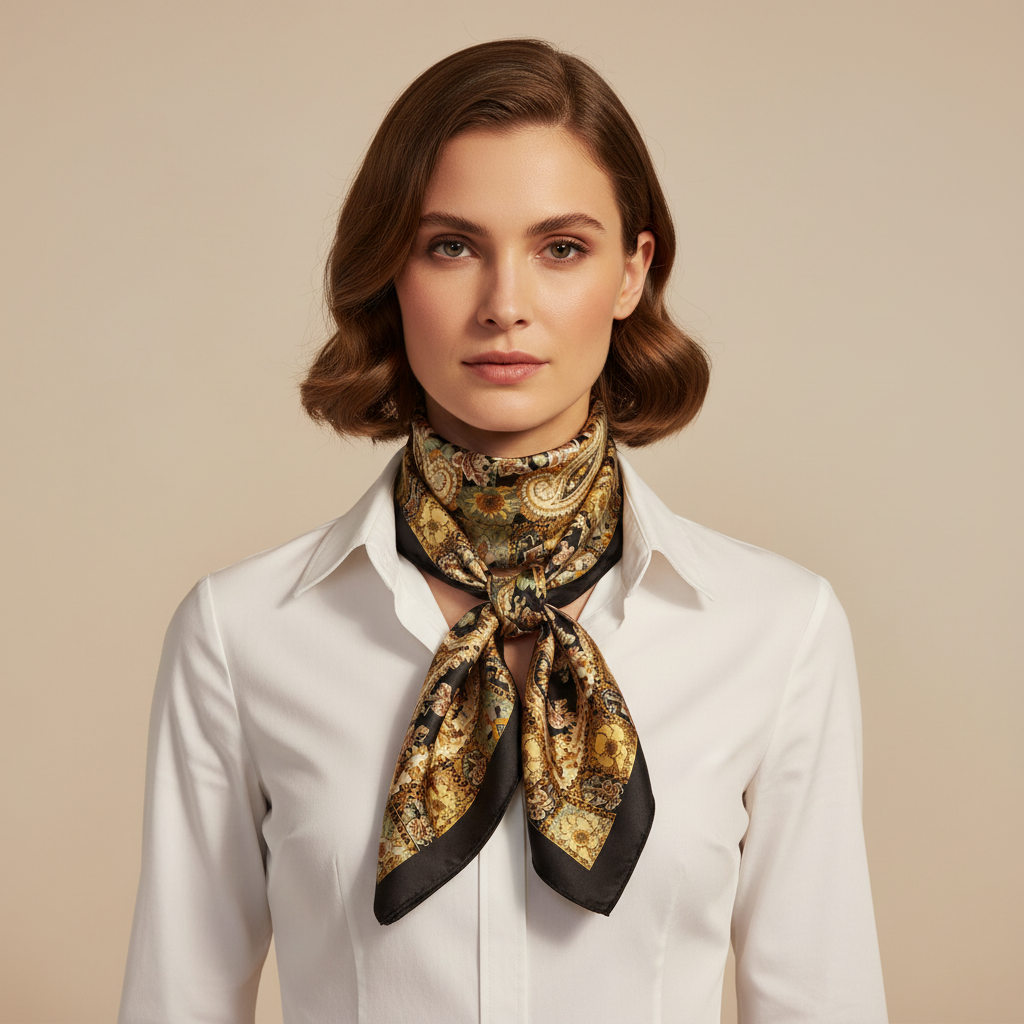 Woman wearing black, gold, and sage green paisley floral satin square scarf tied as a classic neck scarf over a white shirt – Classic & Sophisticated style
