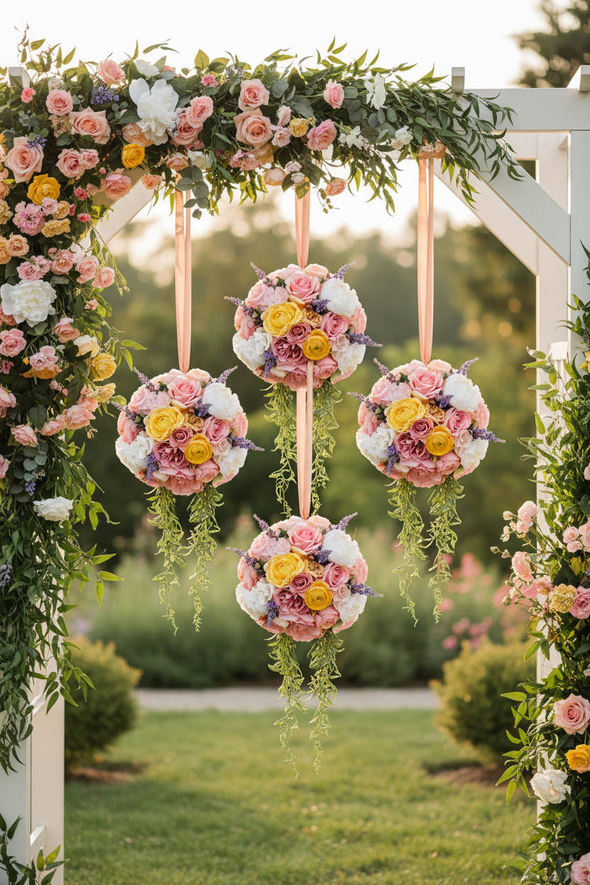 Three 4 inch white foam balls made into colorful floral kissing balls hanging at staggered heights in the center of a romantic garden wedding arch with blush roses peonies lavender and greenery