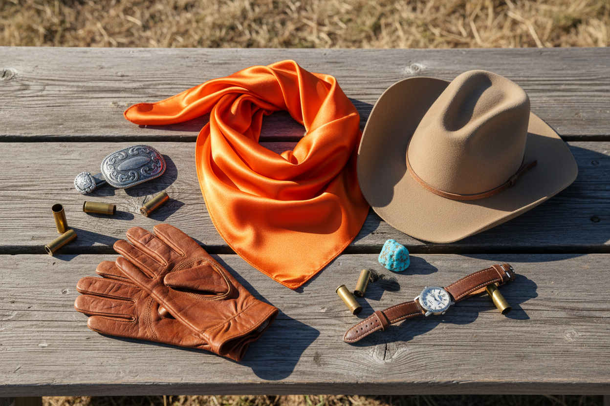 Orange wild rag with tan cowboy hat, brown leather gloves, and western accessories