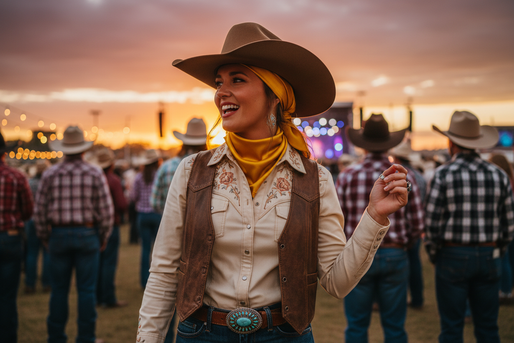 Golden yellow satin wild rag worn as head scarf with tan cowboy hat, western cowgirl rodeo style