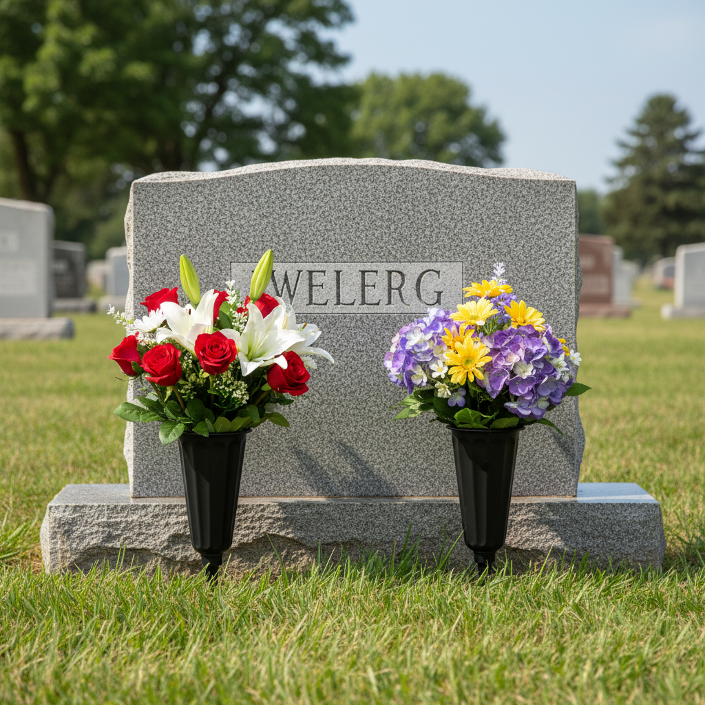 Small 10-inch cemetery vases in use at peaceful gravesite with fresh flowers near headstone