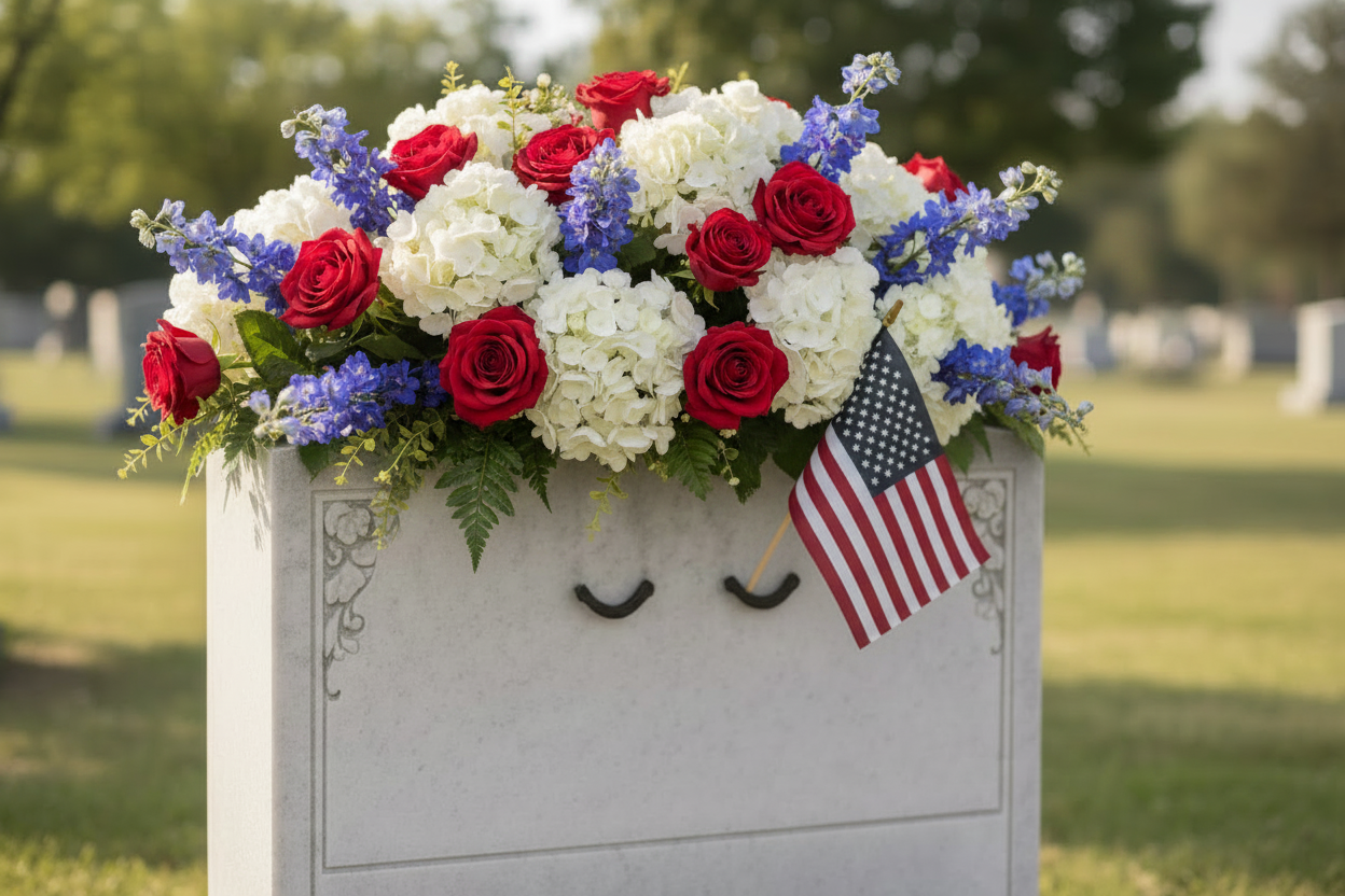 Patriotic memorial tombstone saddle arrangement with red roses, white hydrangeas, and blue delphinium with American flag on granite headstone in cemetery