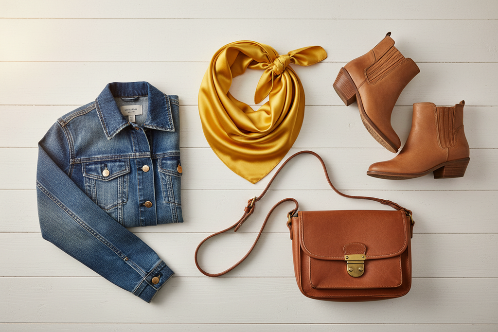 Bright gold wild rag with denim jacket, tan leather boots, and crossbody purse, warm golden styling