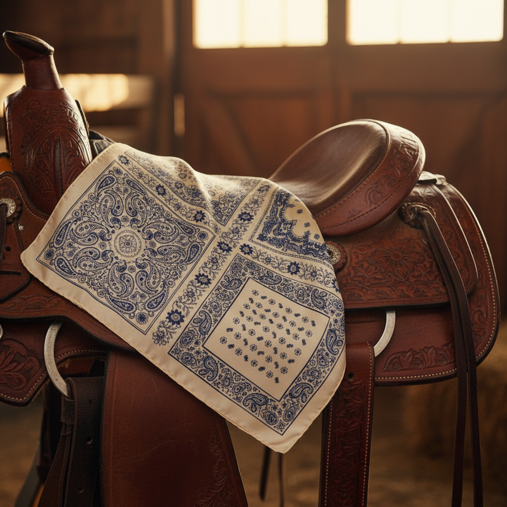 Beige and navy blue paisley square scarf draped open over a brown leather western saddle in rustic barn setting showing full four-quadrant pattern