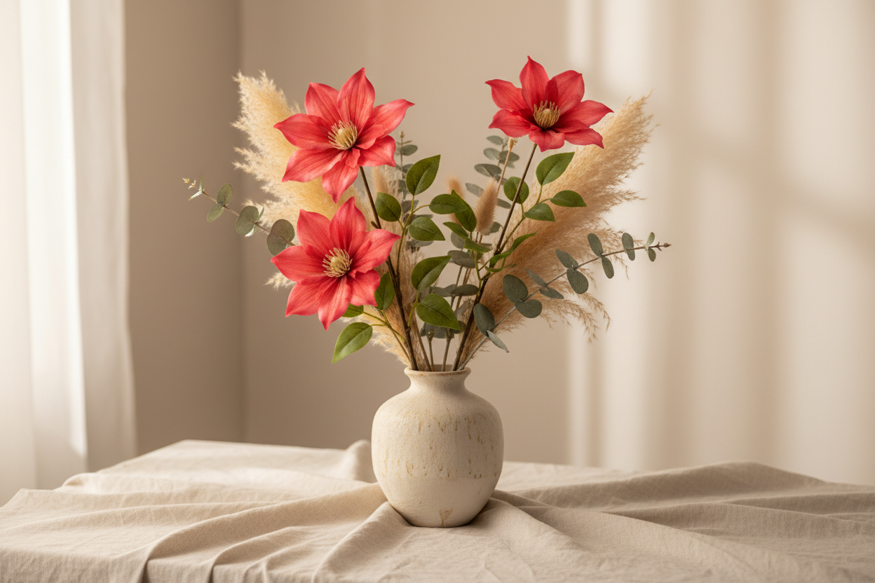 Coral red clematis artificial flower stems in a neutral boho ceramic vase with pampas grass and eucalyptus on a linen-draped surface