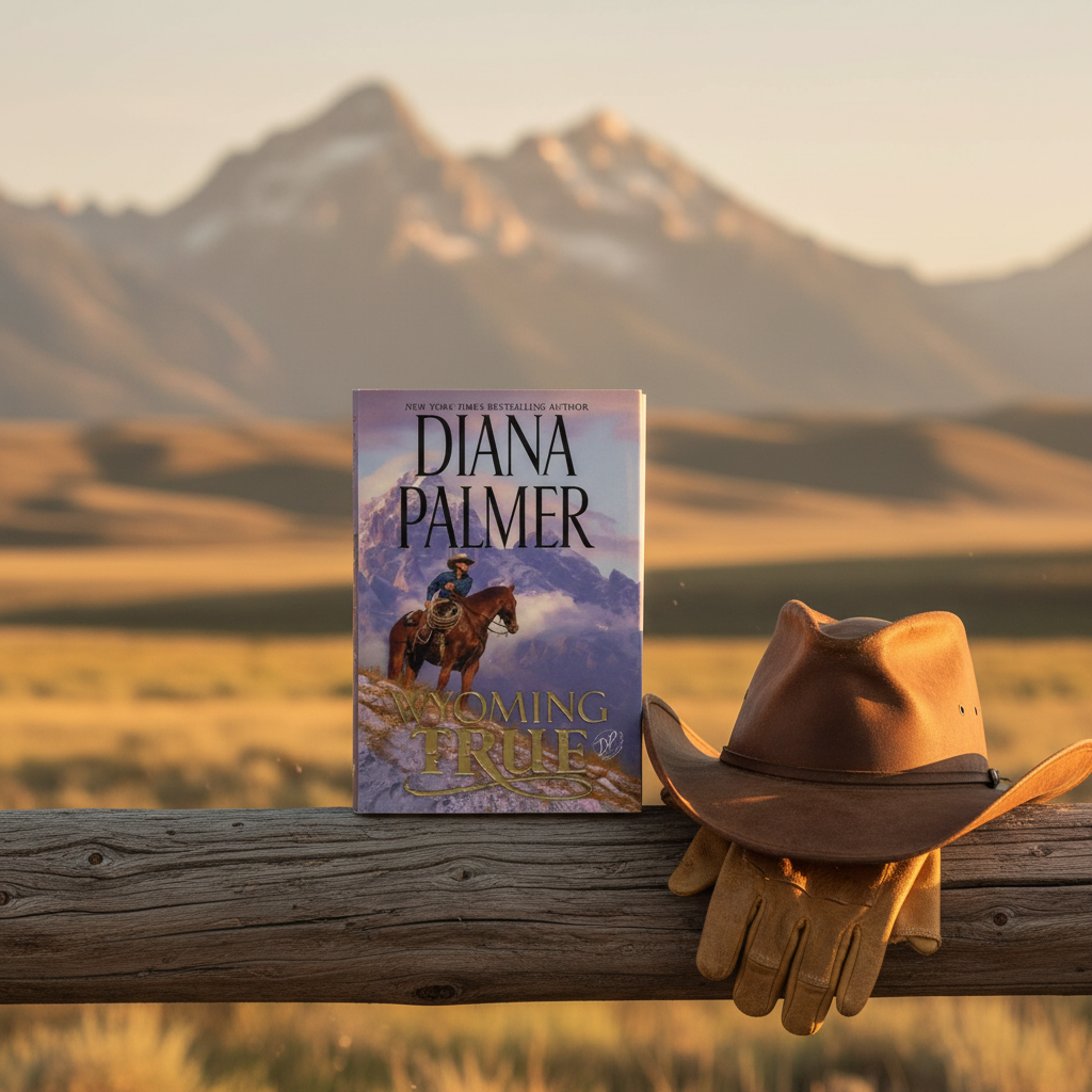 Wyoming True by Diana Palmer romance novel displayed on rustic fence rail with Wyoming mountain landscape and cowboy hat