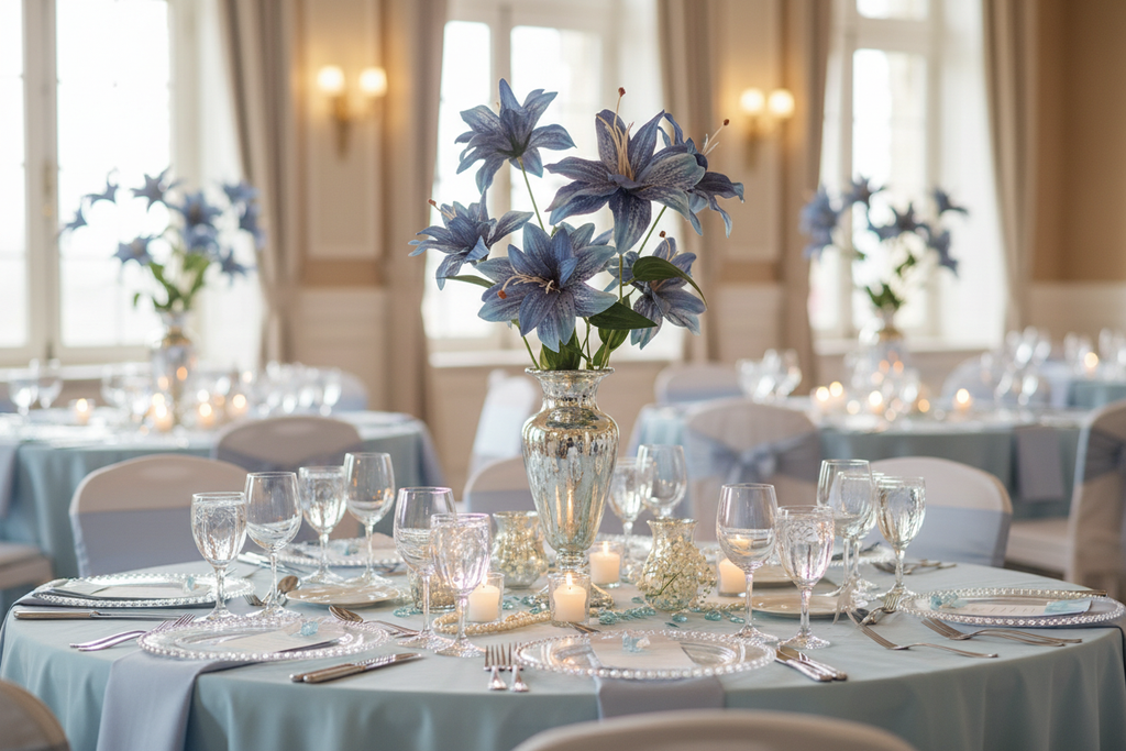 Dusty blue tiger lily stems as wedding centerpiece on elegant table with soft blue linens, romantic upscale wedding decor