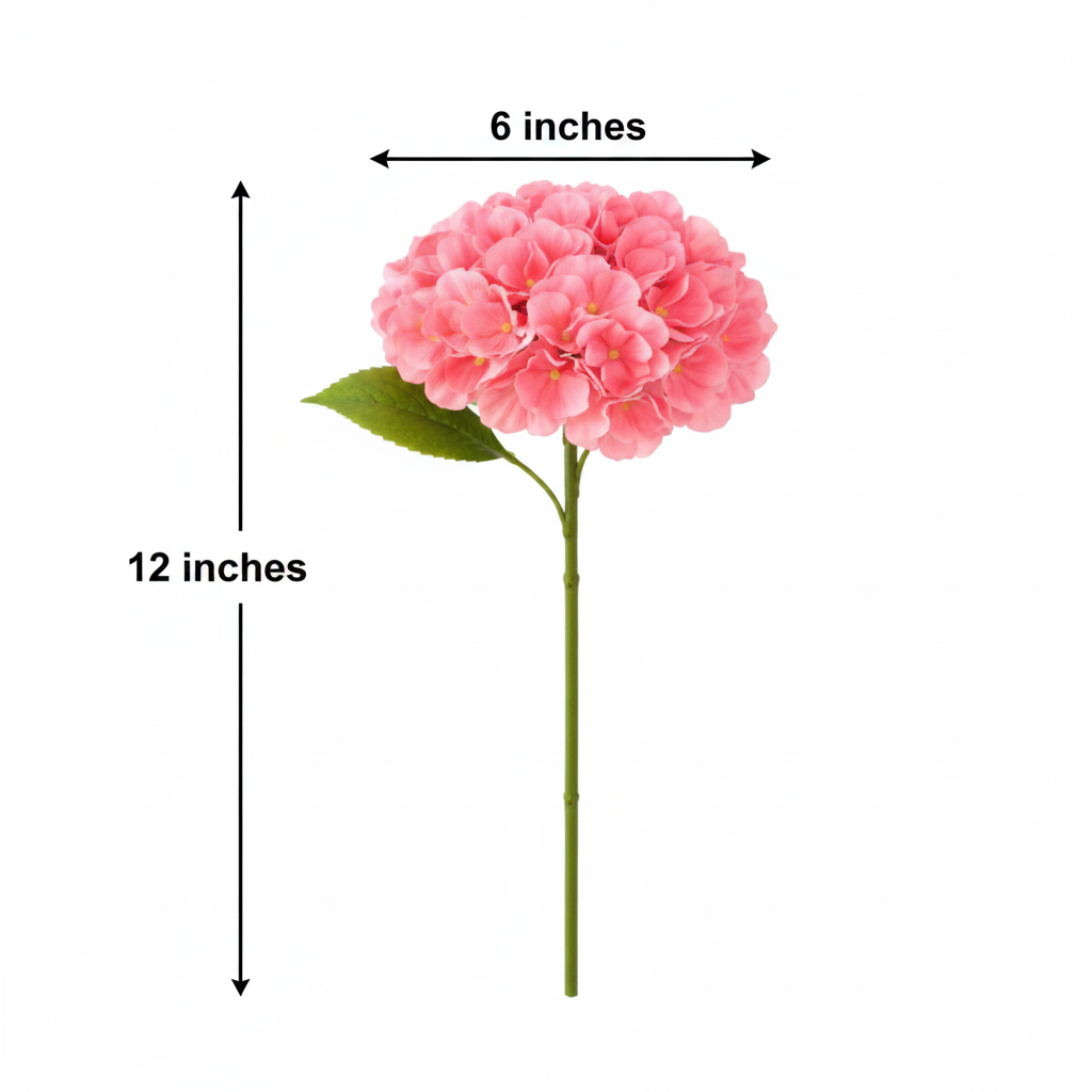 Coral pink artificial hydrangea stem measurement diagram showing 12 inches total height and 6 inch bloom width