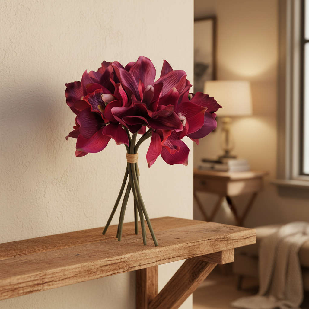 Mulberry pink Cymbidium orchid artificial flowers displayed on rustic wooden shelf in cozy living room