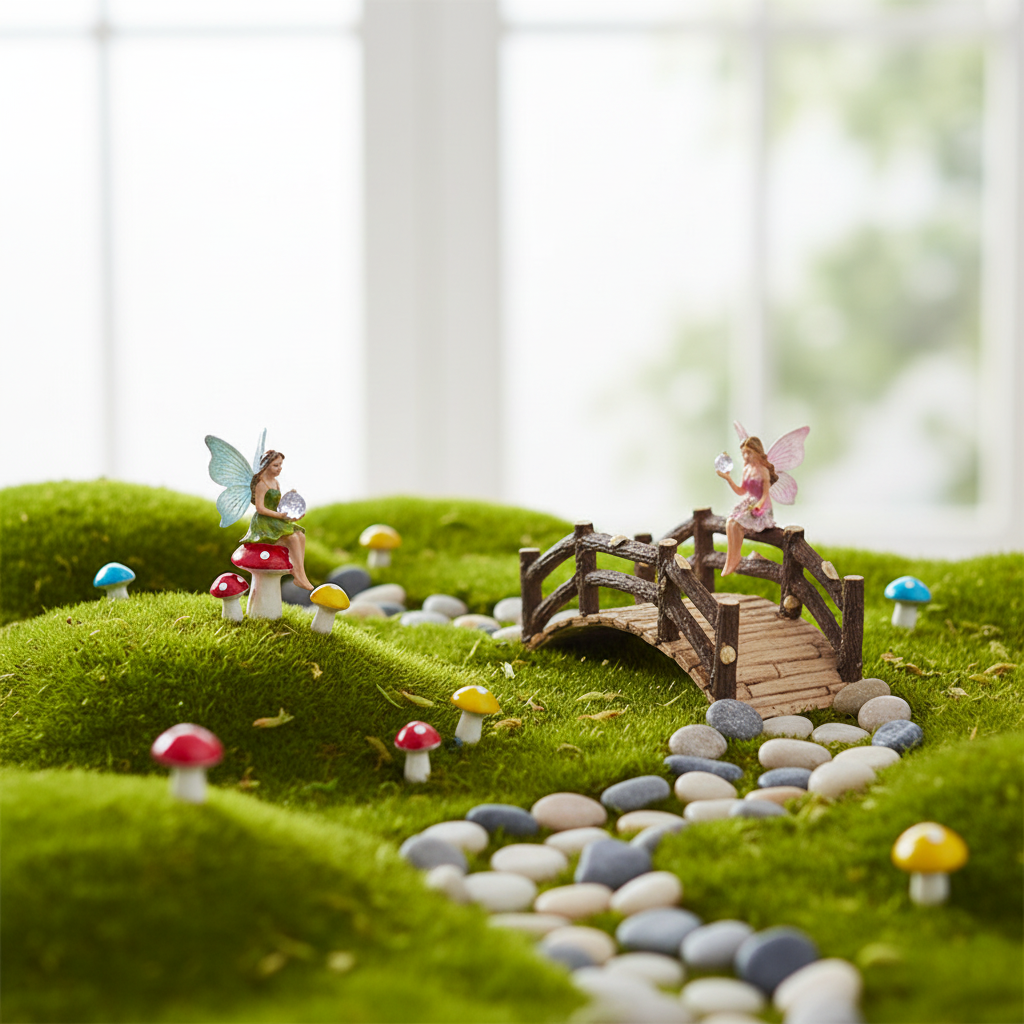 Artificial green decorative moss spread across a miniature fairy garden scene with tiny mushrooms, pebbles, a wooden bridge, and fairy figurines