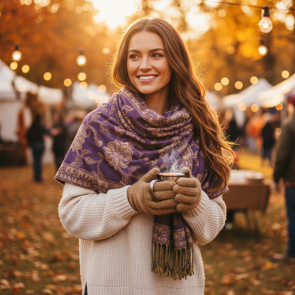 Woman wearing purple gold paisley jacquard fringe shawl wrap at outdoor autumn festival golden hour