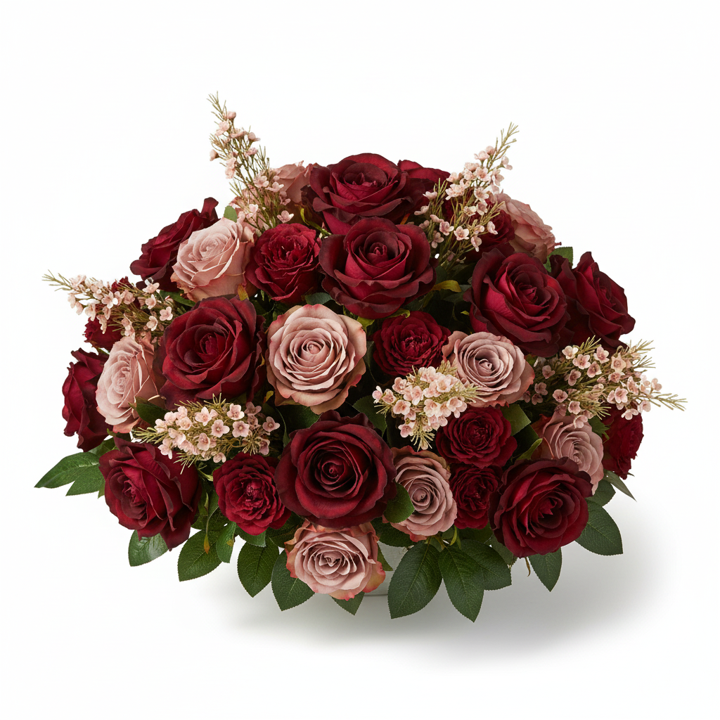 Artificial blush pink dogwood stems as filler flower in professional burgundy and wine red rose floral shop bouquet