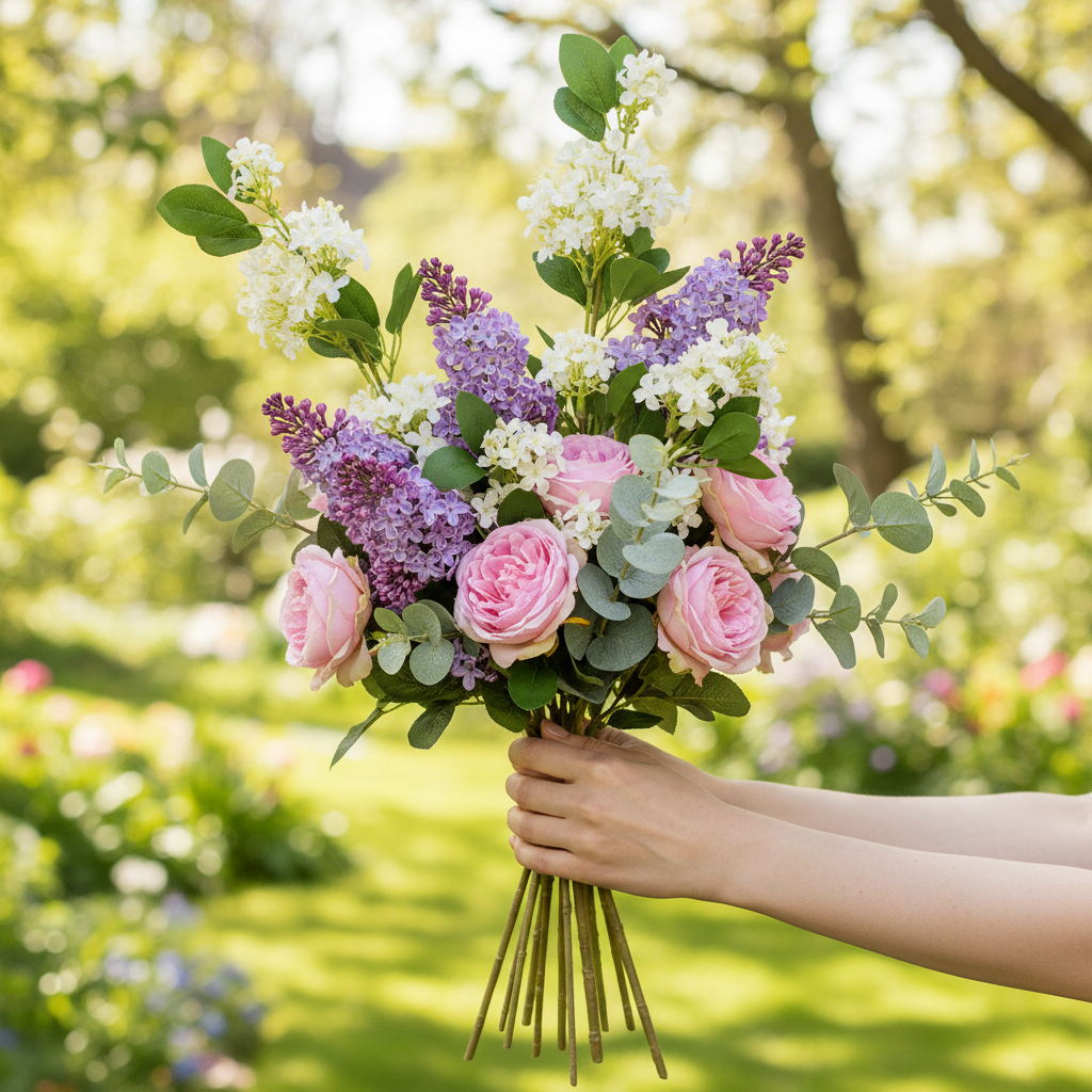 Artificial white blossom stem mixed in a spring bouquet with lilacs and soft pink roses against a garden background