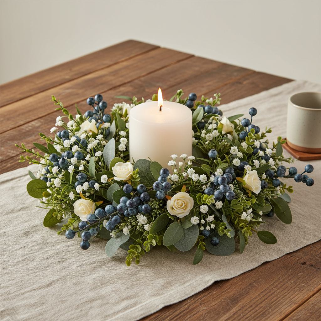 Faux blueberry stems mixed with baby's breath, cream roses, and eucalyptus in a florist-styled candle ring centerpiece on a rustic wooden table