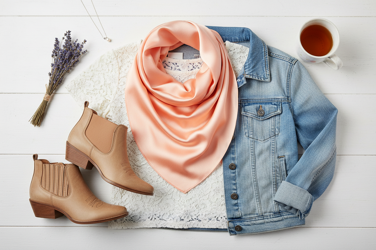 Peach wild rag with light denim jacket, white lace top, and tan leather boots, soft pastel styling