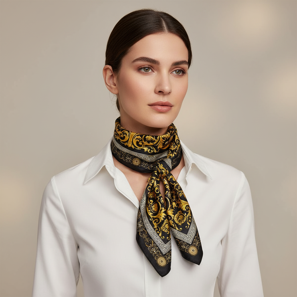 Woman wearing black and gold Baroque satin square scarf tied as a classic neck scarf over a white button-down shirt – luxury European fashion style