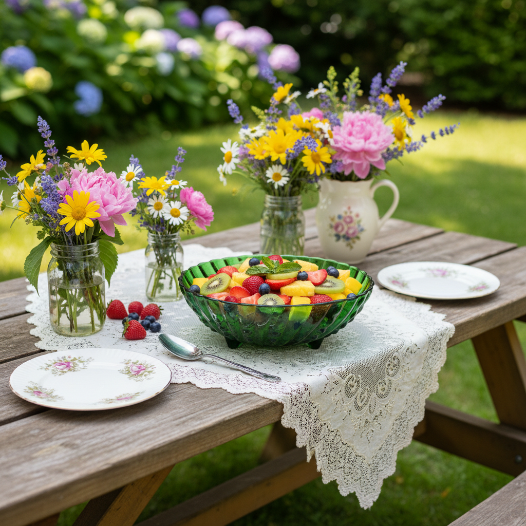 Vintage Anchor Hocking green footed bowl filled with fruit salad at outdoor summer garden party, 1950s emerald glass Burple pattern serving dish on rustic table