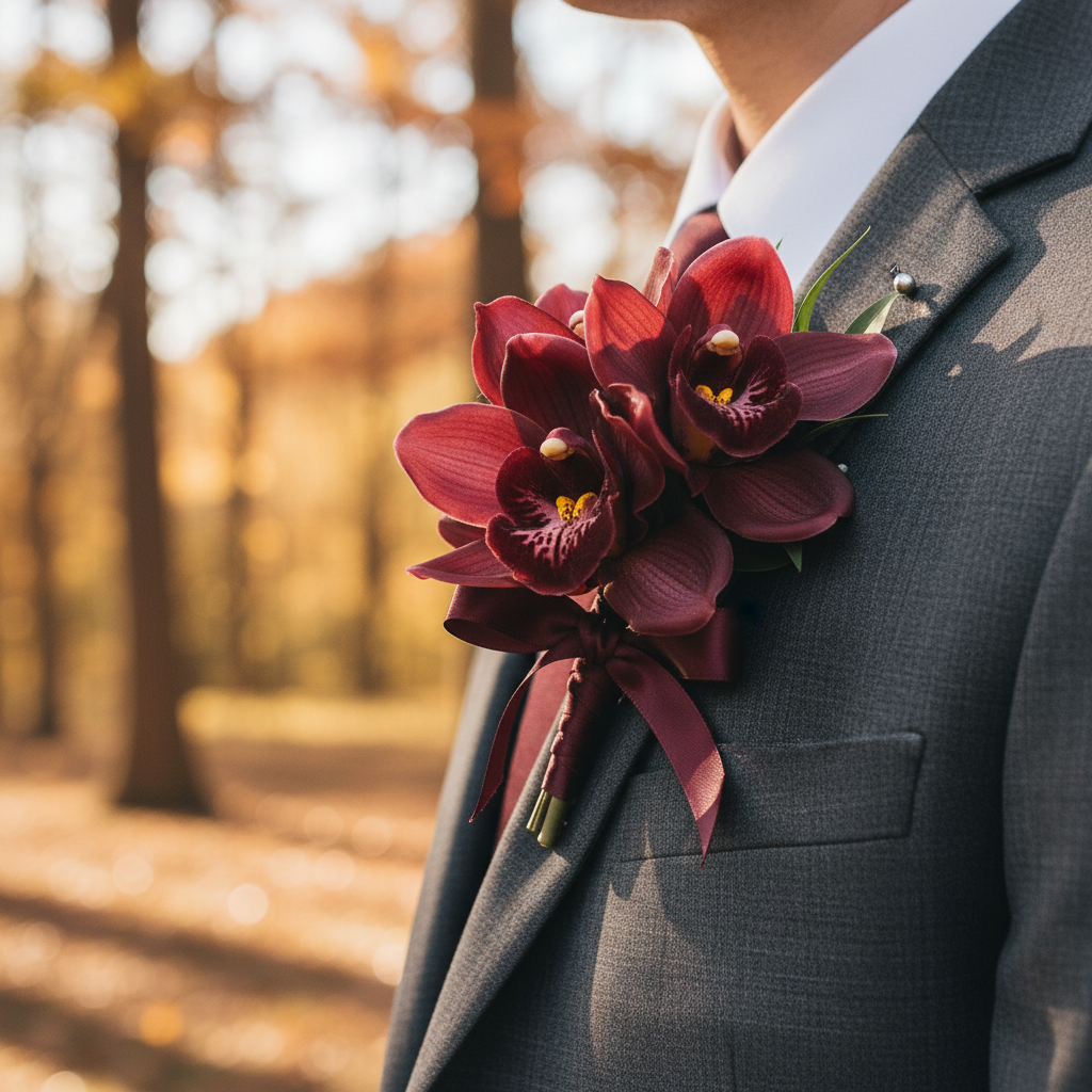 Groom wearing burgundy Cymbidium orchid boutonniere on gray suit for fall wedding