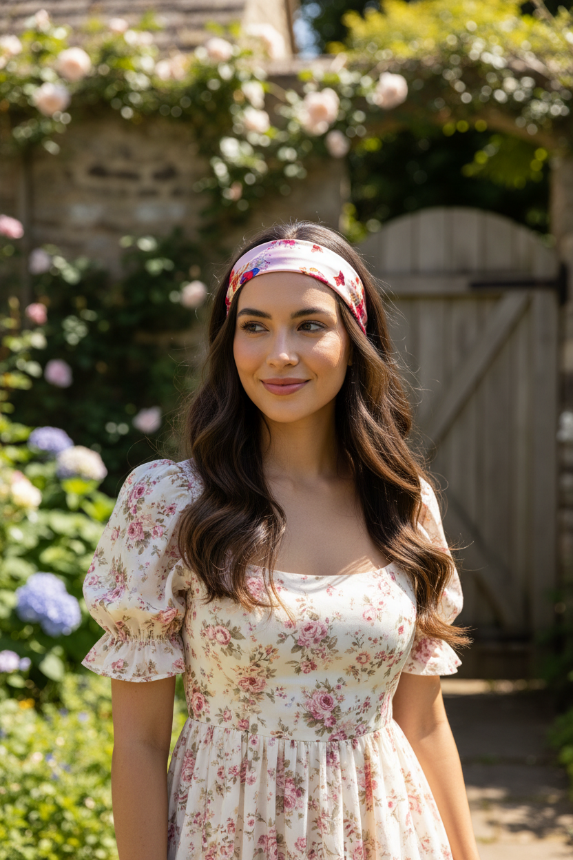 Woman with olive skin tone and dark hair wearing a cream red pink floral butterfly satin scarf tied as a cottagecore headband across the forehead with a floral cream and pink dress in a garden setting