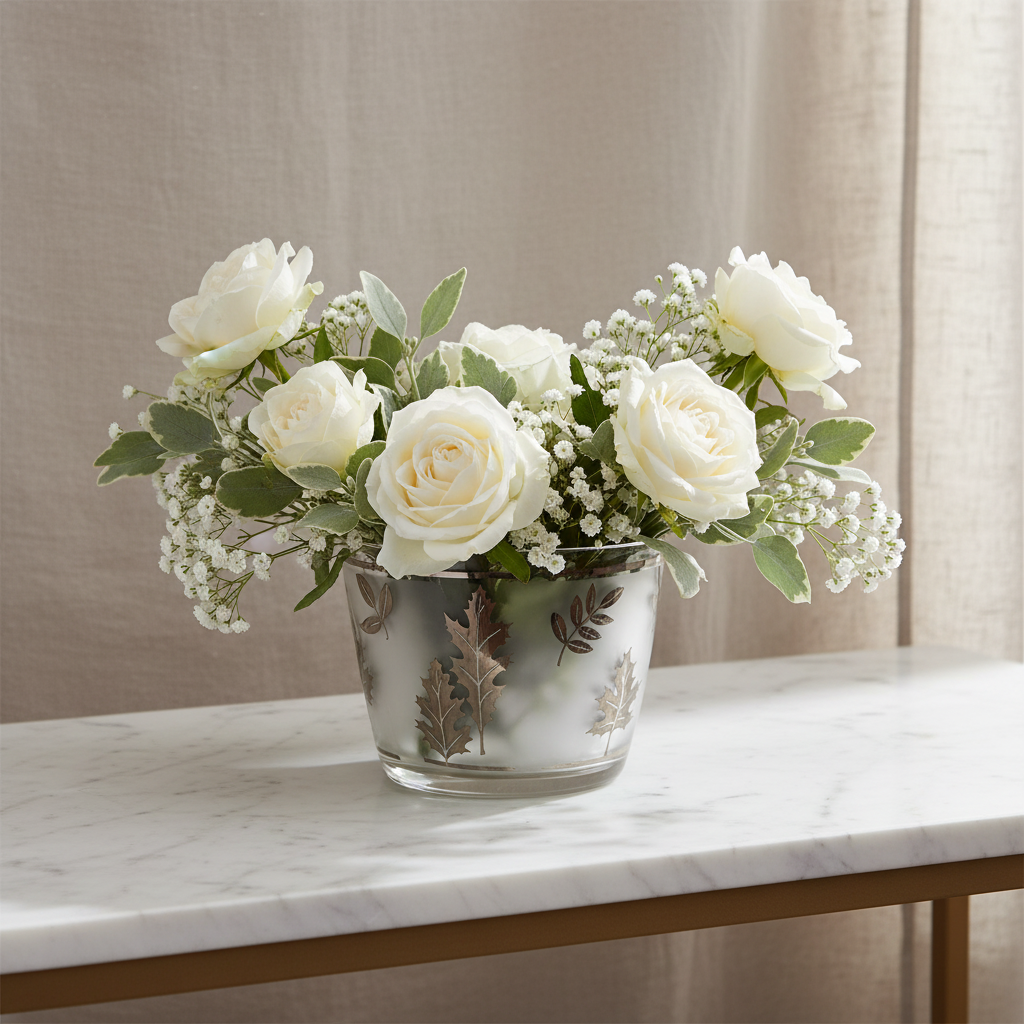 Vintage Libbey frosted silver leaf glass ice bucket used as a decorative floral vase with white roses and eucalyptus on a marble console table