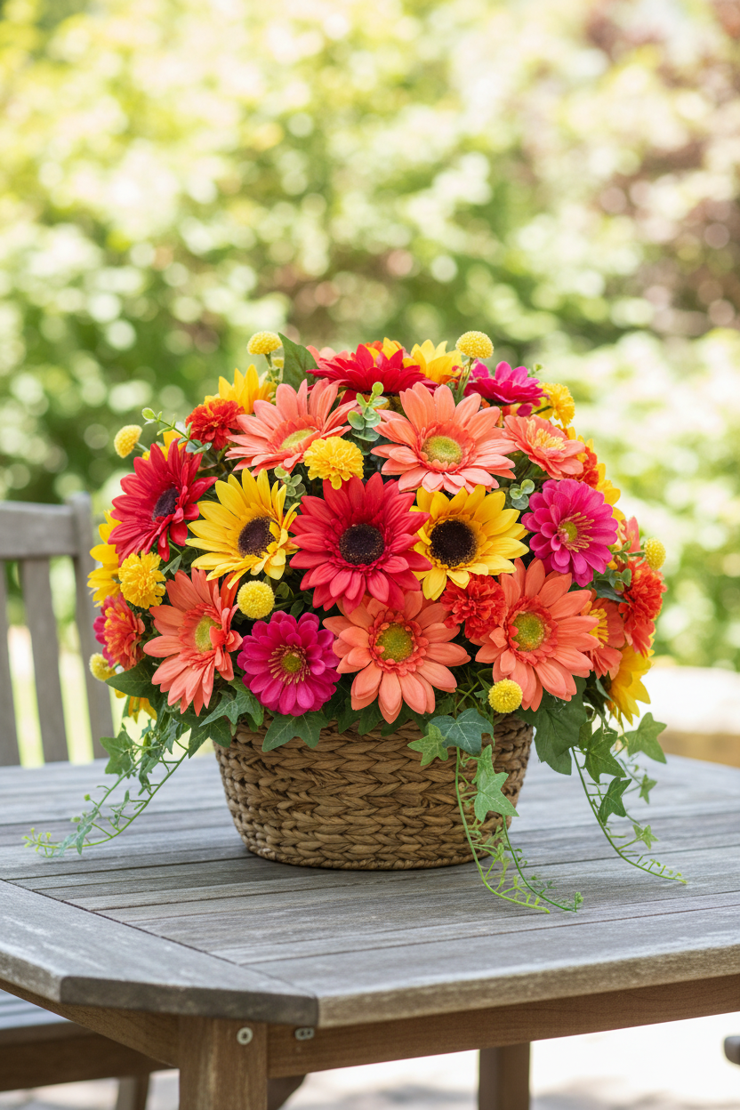 White styrofoam foam dome covered in vibrant artificial orange dahlias, red gerbera daisies, yellow sunflowers, coral zinnias, and hot pink marigolds on a woven seagrass basket, sunny outdoor summer setting