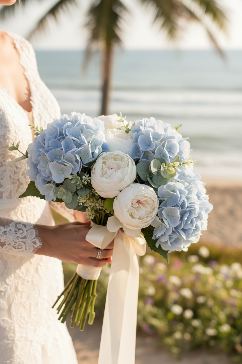 Romantic coastal bridal bouquet featuring soft blue hydrangeas with white peonies and eucalyptus