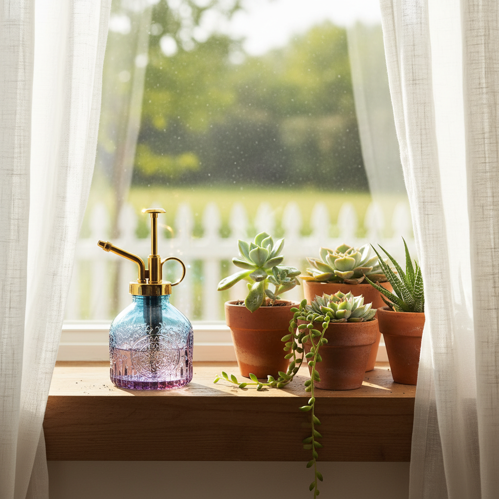 Blue purple gradient glass plant mister on sunny windowsill with small succulents in terracotta pots and farmhouse decor
