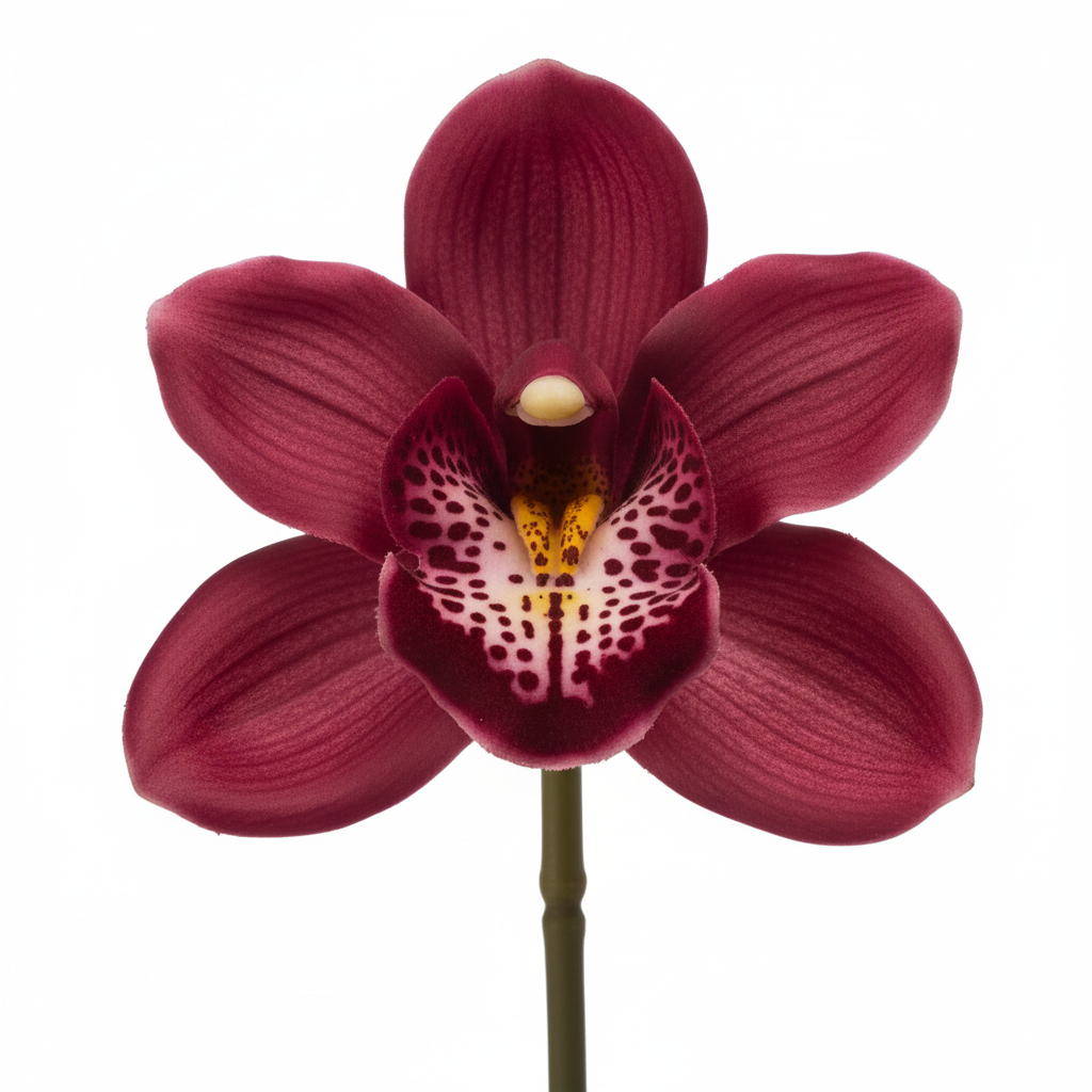 Close-up of single burgundy Cymbidium orchid artificial flower stem showing realistic wine-colored bloom