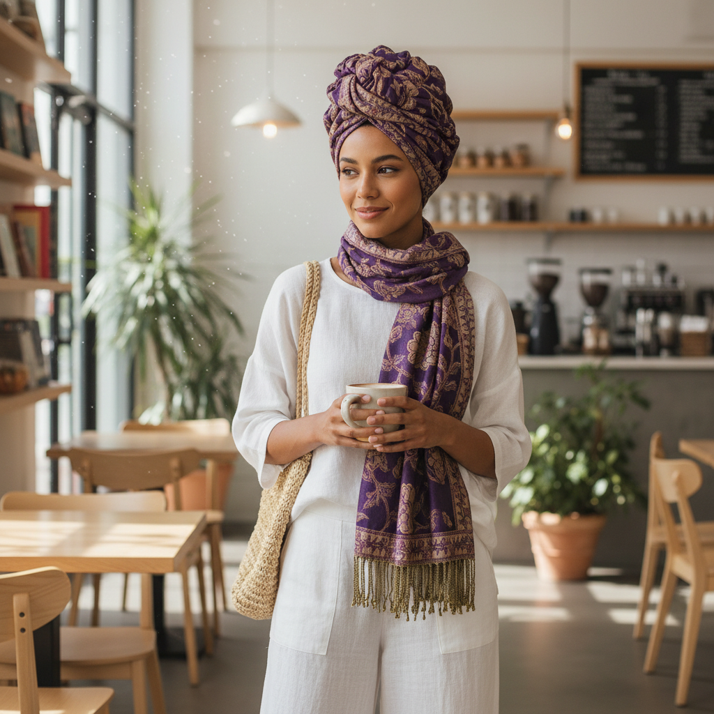 Woman wearing purple gold paisley jacquard scarf tied as head wrap turban with white linen outfit in cafe
