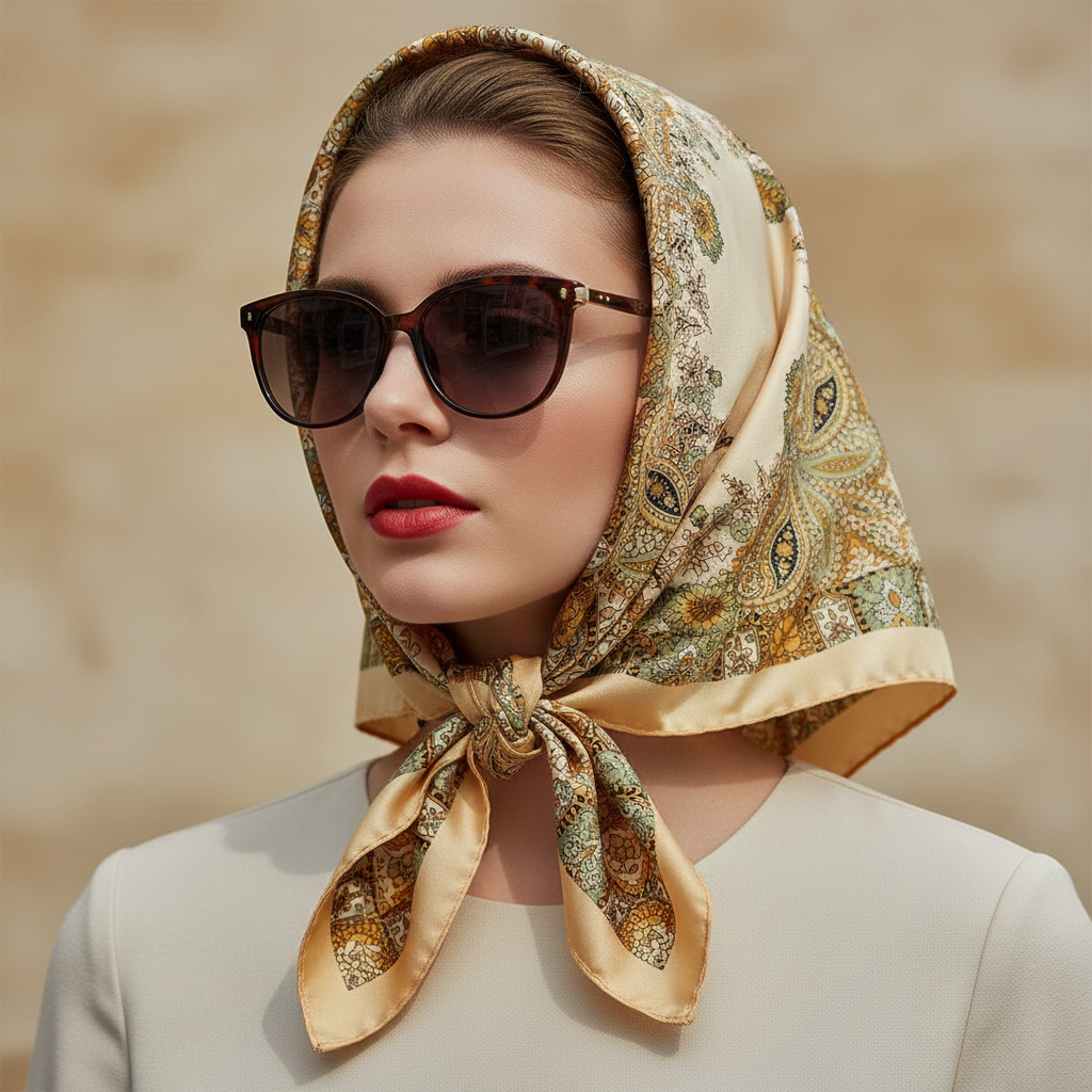 Woman wearing cream gold paisley satin scarf as a vintage glamour head scarf with sunglasses – 35 inch square scarf