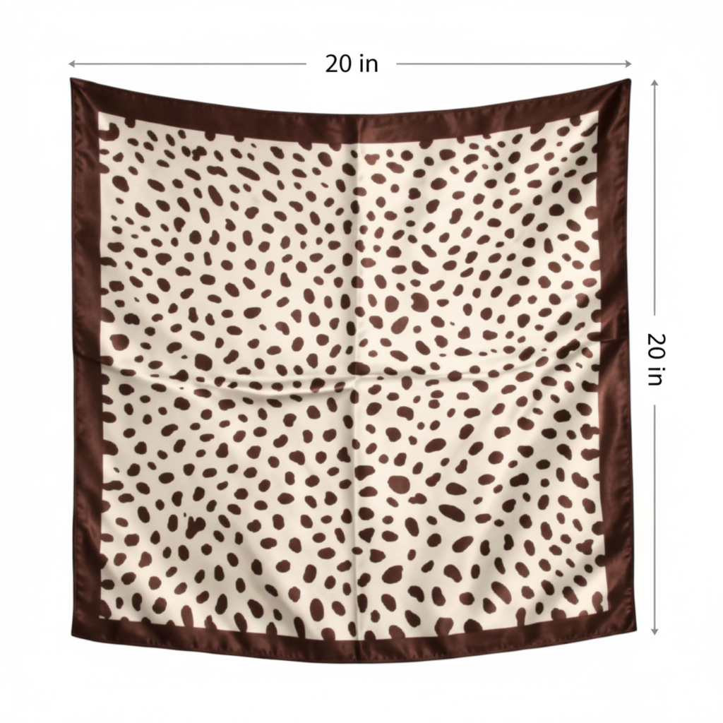 Cream brown leopard print satin square scarf size measurement diagram showing 20 inches width and 20 inches height with two clean arrow lines on white background 20x20