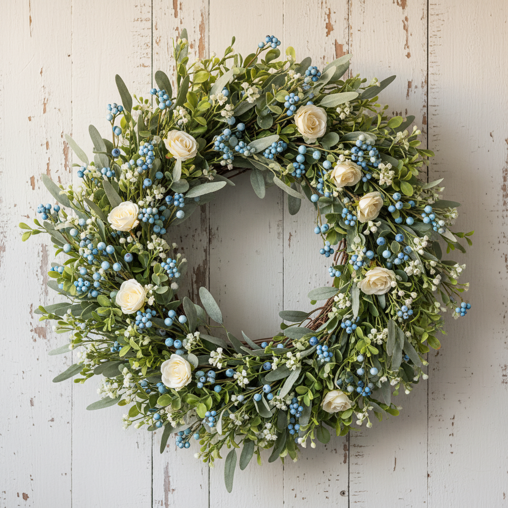 Artificial blueberry stems with tiny blue huckleberry berries mixed with baby's breath, cream roses, and eucalyptus on a rustic grapevine wreath