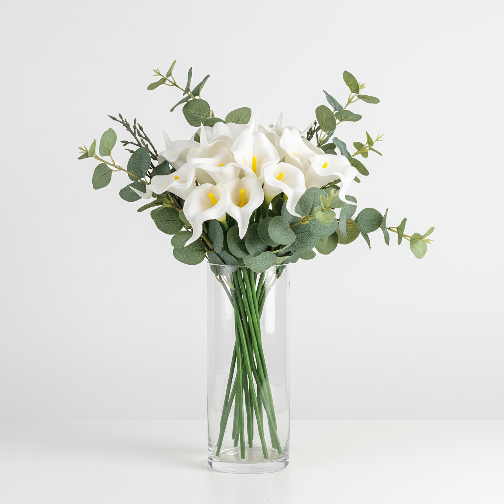 White artificial calla lily stems arranged with eucalyptus greenery in tall glass cylinder vase, modern event decor