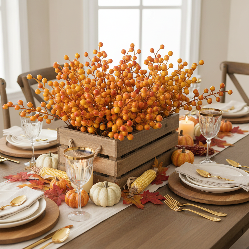 Orange and yellow faux fall berry stems in a rustic wooden crate Thanksgiving centerpiece with pumpkins, dried corn, and autumn leaves