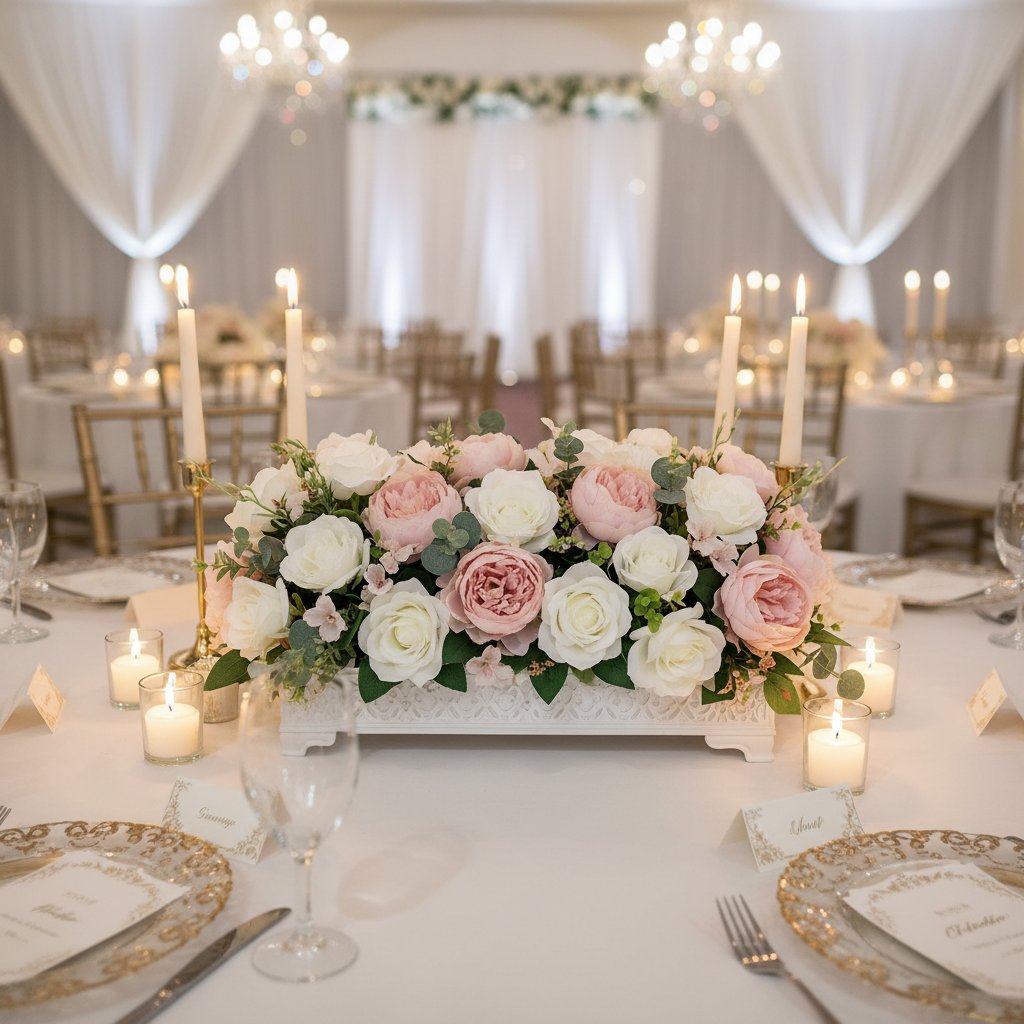 Low rectangular artificial silk white rose and blush peony centerpiece arrangement on dry floral foam block for wedding reception