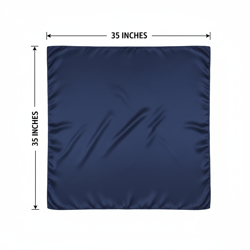 Navy blue wild rag scarf measurement diagram showing 35 inches by 35 inches dimensions