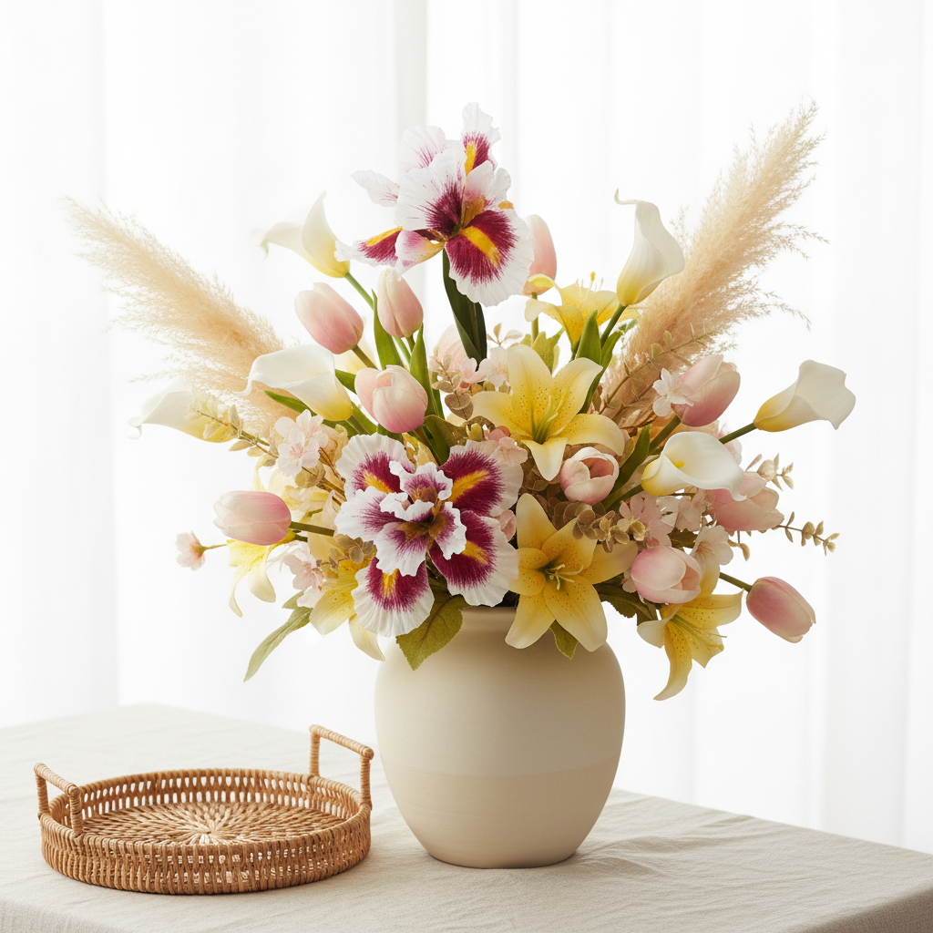 Faux white iris flower stems with pink and yellow accents nestled in a boho mixed floral arrangement with blush tulips, white calla lilies and yellow lilies in a cream ceramic vase