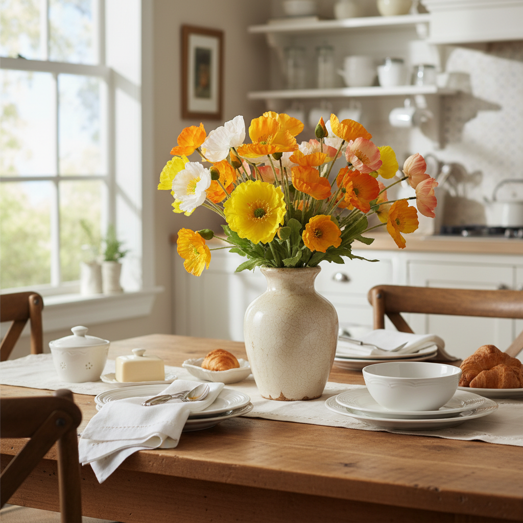 Silk poppy bouquet in yellow, orange and peach arranged in rustic ceramic vase as farmhouse kitchen table centerpiece with white dishes and natural light
