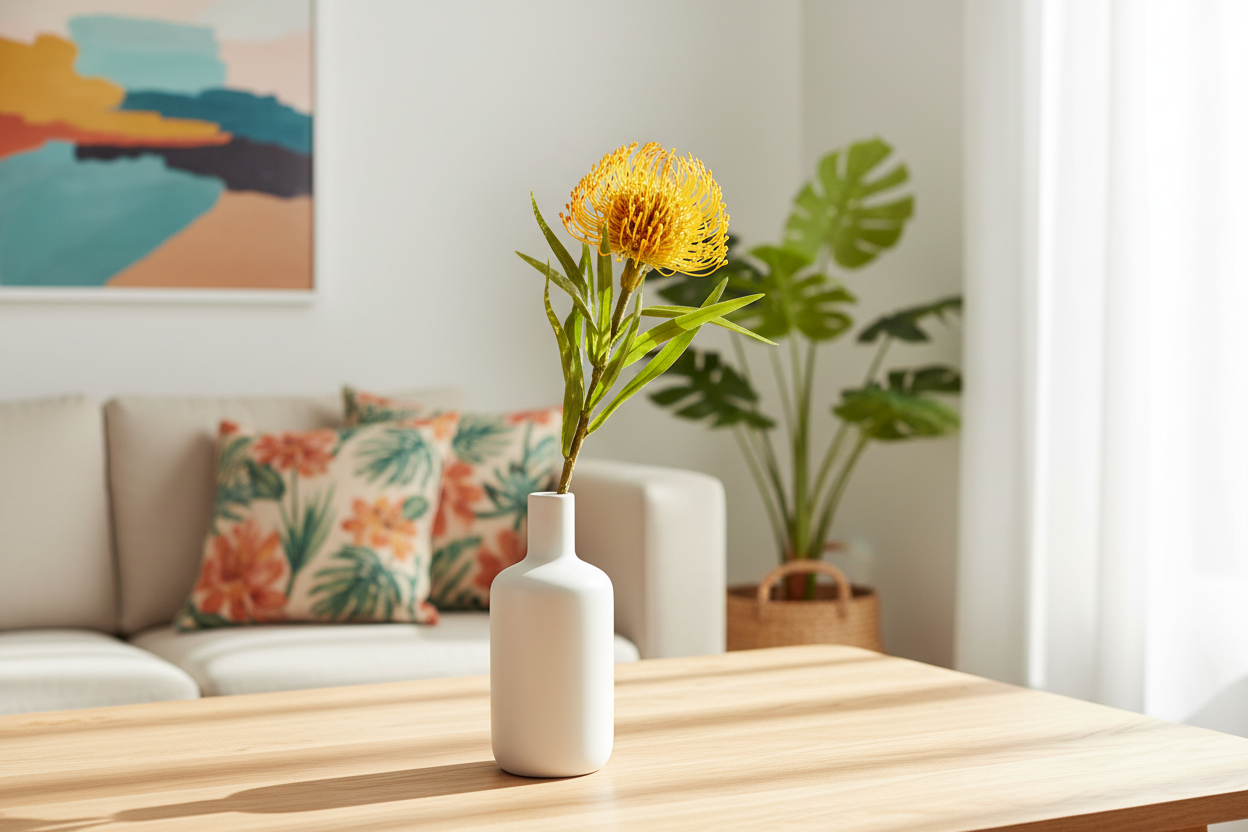 Yellow orange pincushion protea stem in modern white ceramic vase on light wood table, tropical home decor