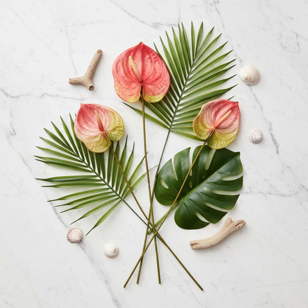 Flat lay styled shot of pink green Anthurium stems on marble with tropical leaves and coastal aesthetic