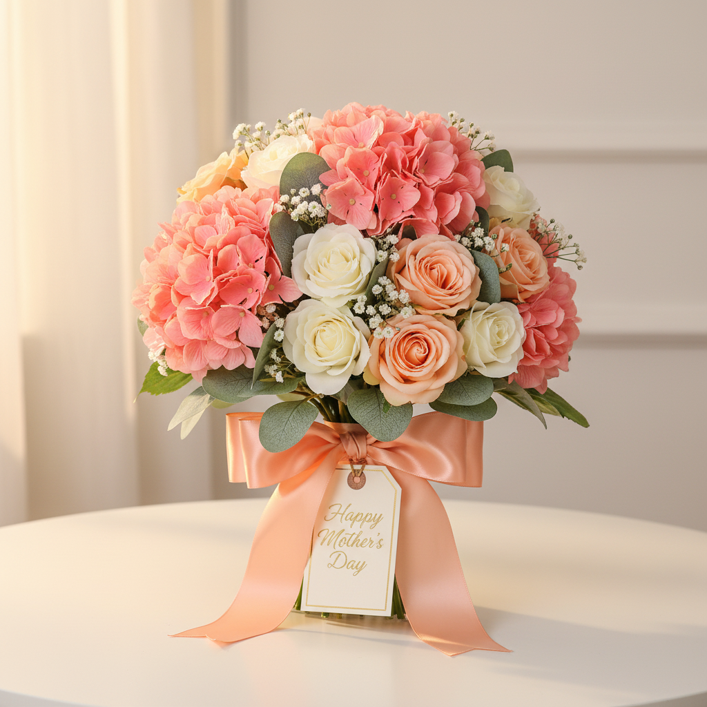 Coral pink hydrangea with peach roses and baby's breath in compact Mother's Day bouquet tied with peach satin ribbon and gift tag