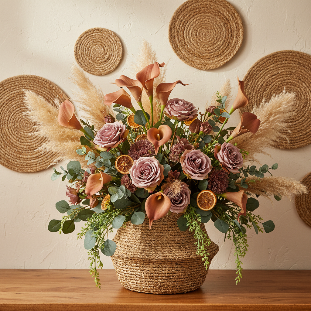 Terracotta burnt orange faux calla lily stems with dusty mauve roses and pampas grass in a woven seagrass basket, boho home decor styling