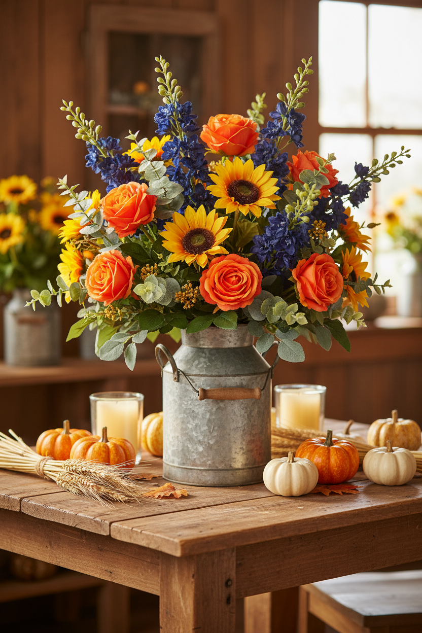 Vibrant orange artificial roses arranged with sunflowers, dark blue delphinium, and eucalyptus in a galvanized metal milk can on a rustic farmhouse table with pumpkins and autumn decor