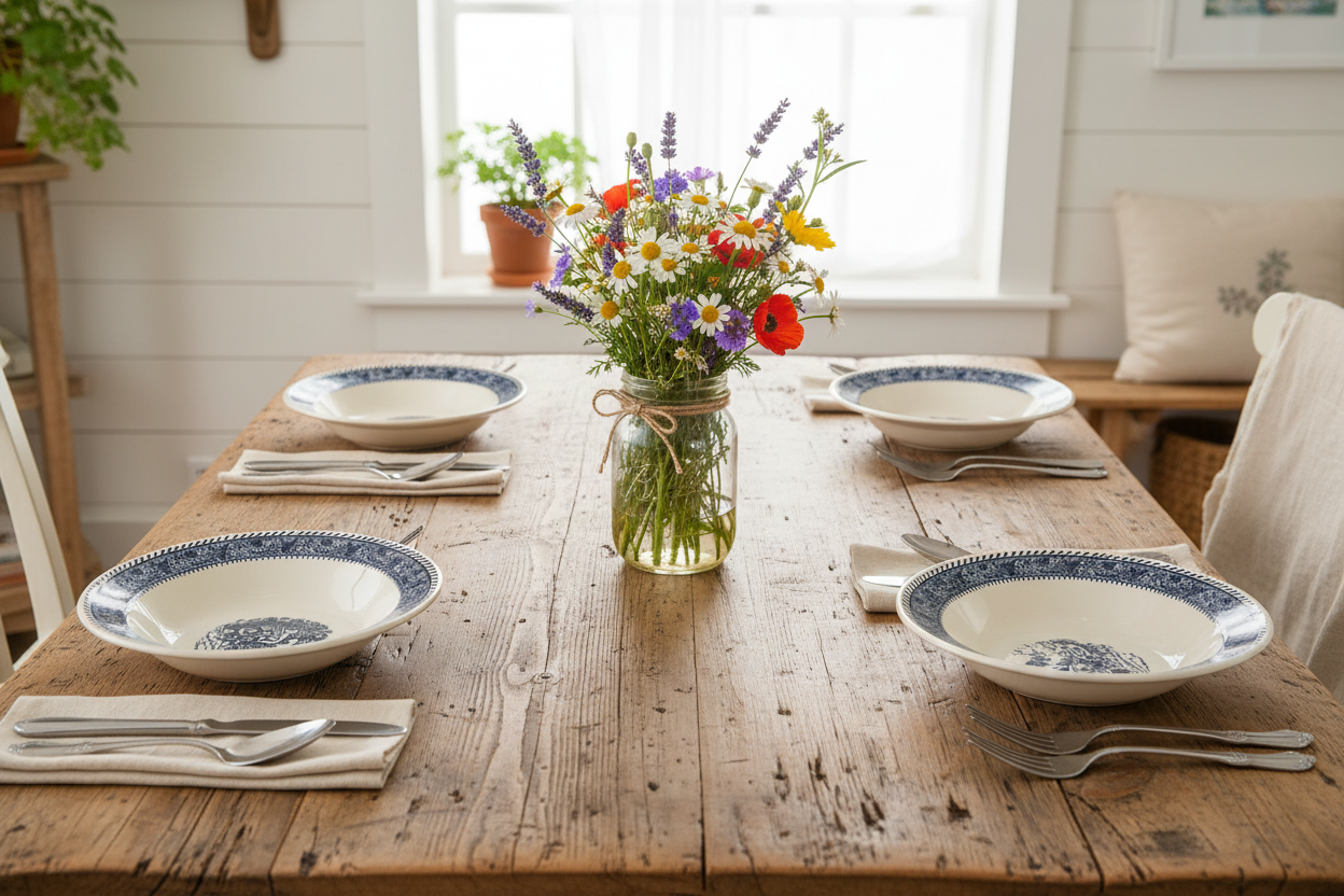 Farmhouse dining table set for 4 with vintage Homer Laughlin Stratwood Shakespeare Country blue transferware bowls at each place setting