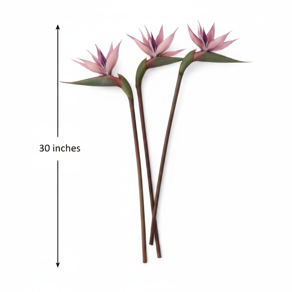 Blush mauve Bird of Paradise artificial stems flat lay measurement diagram showing 30 inch height on white background