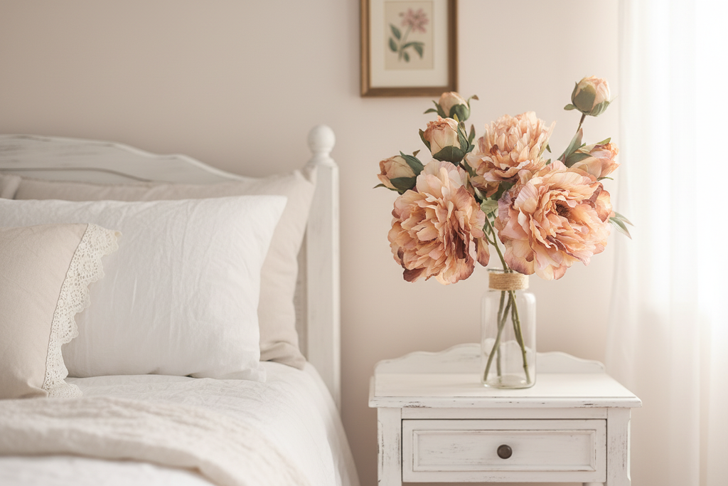Bedroom nightstand with blush peach peony arrangement with large bloom in soft morning light, romantic cottage decor