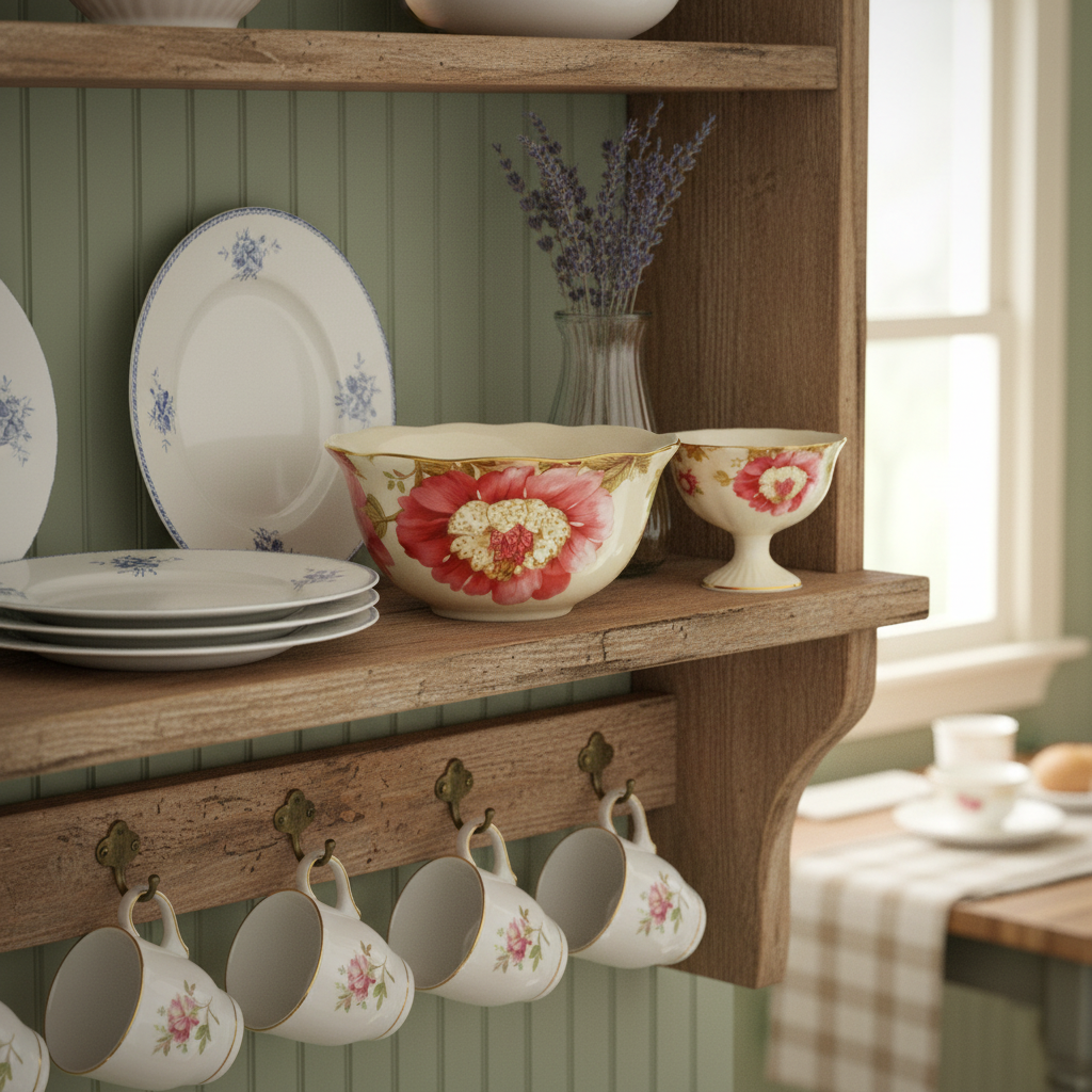 Lutece fine china bowl displayed on cottage kitchen shelf with china collection