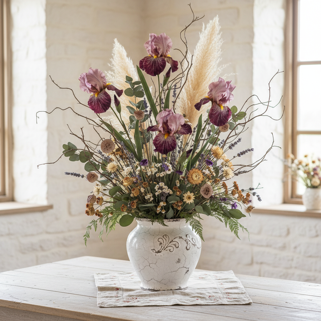 Shabby chic craft-inspired arrangement with purple iris, dried flowers, natural twigs, pampas grass, and greenery in distressed white vase